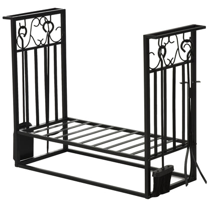 Steel Slatted Log Rack w/ Tools Black