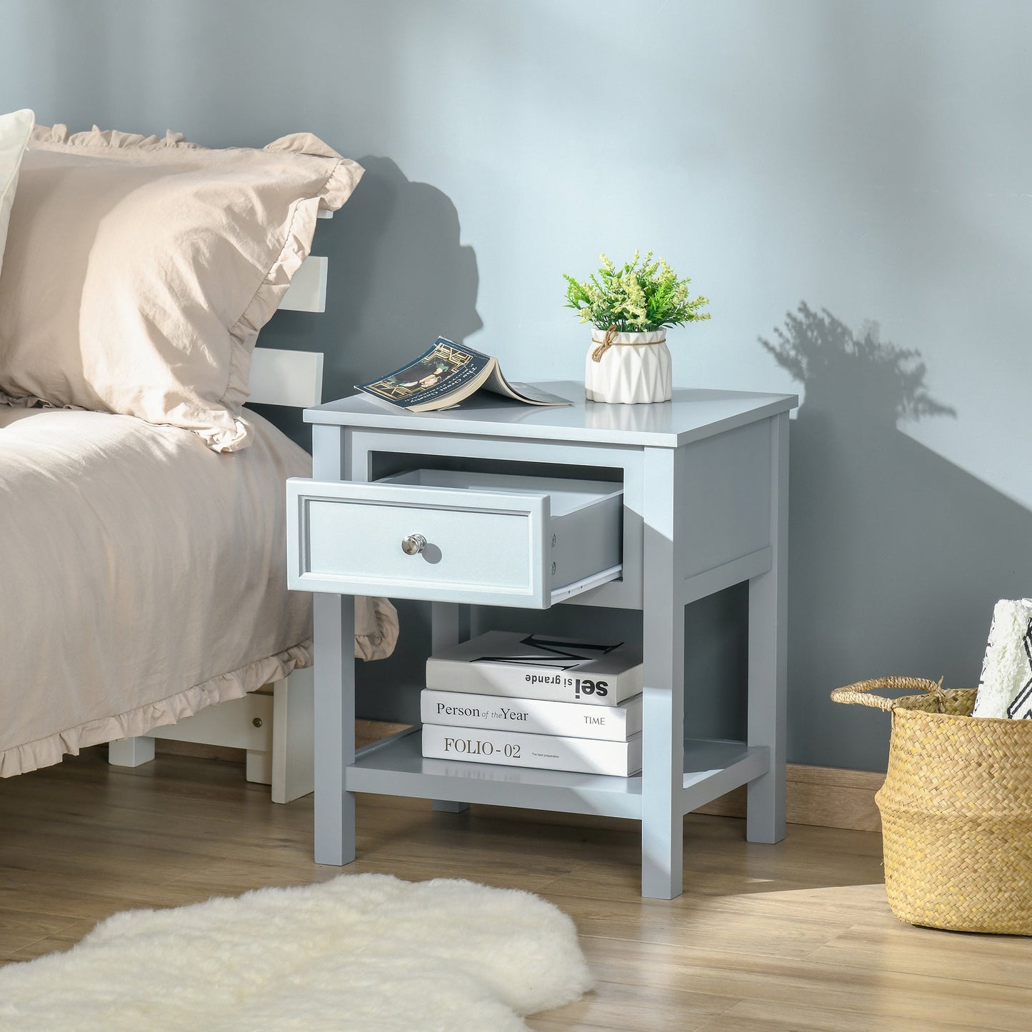 Homcom Bedside End Table Nightstand w/ Drawer Open Shelf Table Top Metal Handle Classic Home Stylish Furniture Grey