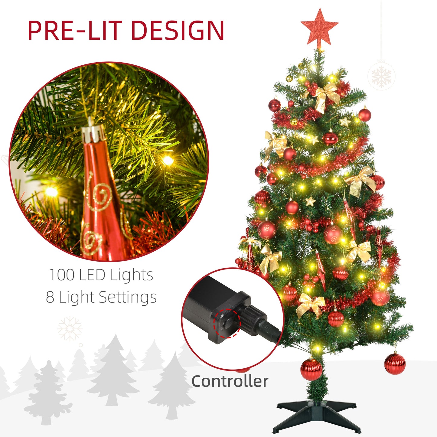 5ft Decorated Christmas Tree Artificial - with LED Lights Warm White 360 Tips