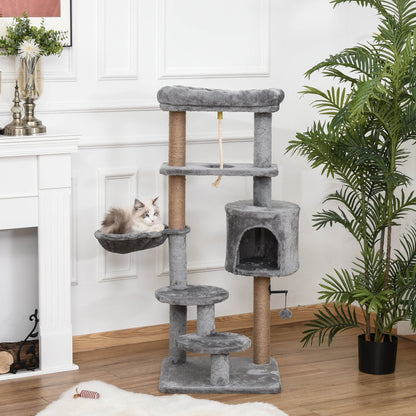 PawHut Cat Tree Tower for Indoor Cats 120cm Climbing Kitten Activity Center with Jute Scratching Post Perch Hanging Ball Hammock Teasing Rope Condo Toy Light Grey