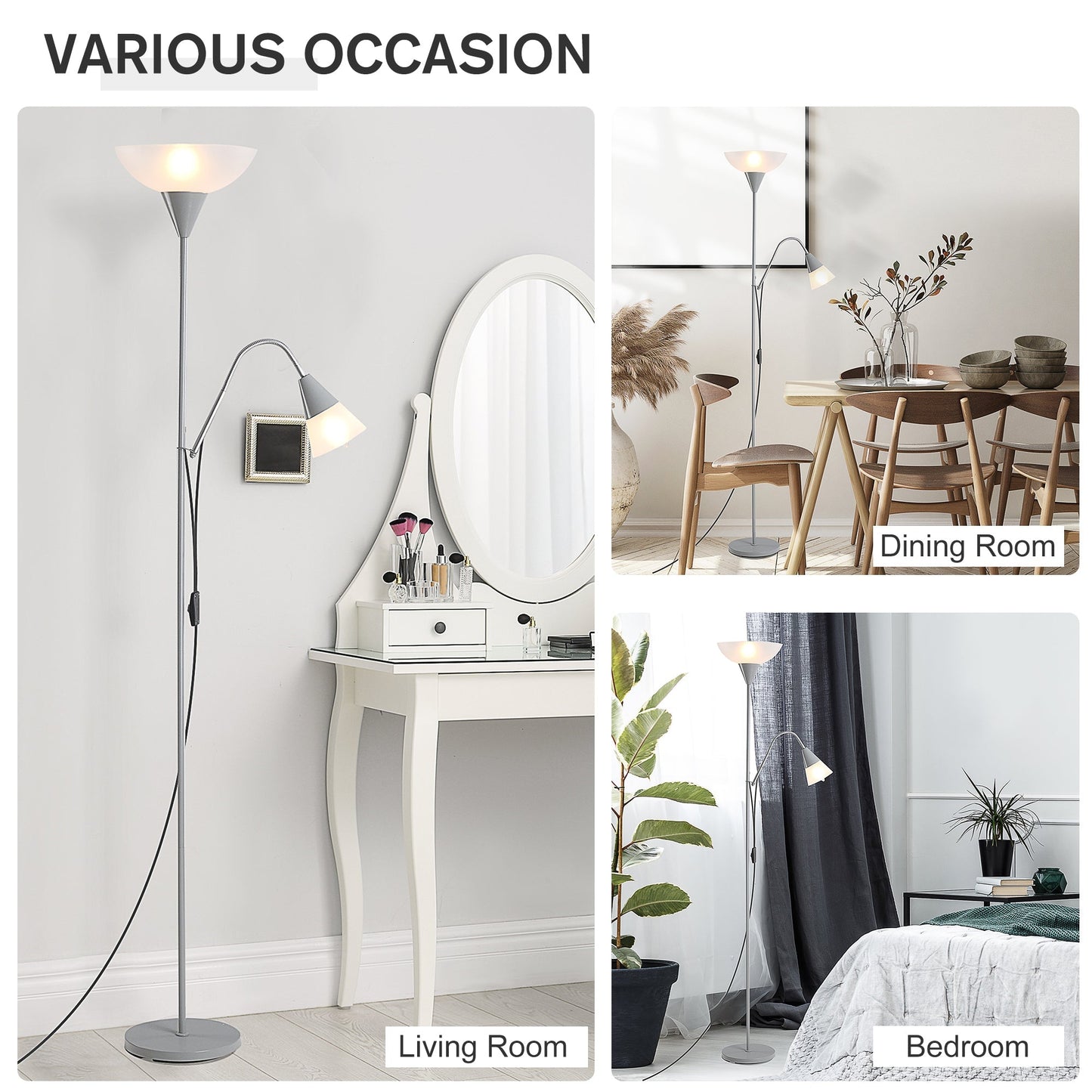 Modern Floor Reading Lamp 2 Adjustable Heads Light Steel Base Living Room Bedroom Office