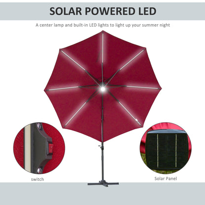 Outsunny 3(M) Led Cantilever Parasol Outdoor Sun Umbrella With Base Solar Lights Red