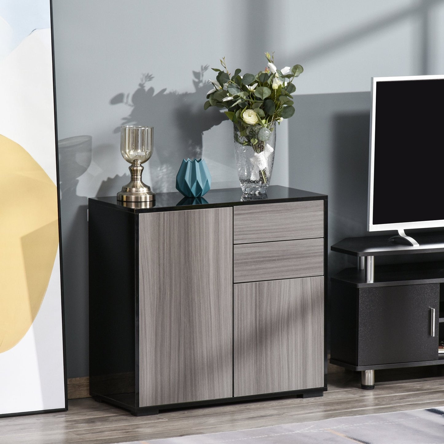 Homcom High Gloss Frame Sideboard Push-Open Design With 2 Drawer For Living Room Bedroom Light Grey And Black