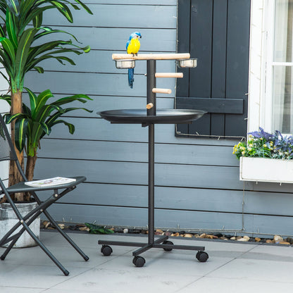 111cm Bird Barh & Feeder Wheeled Stainless Steel & Wood Black by Pawhut