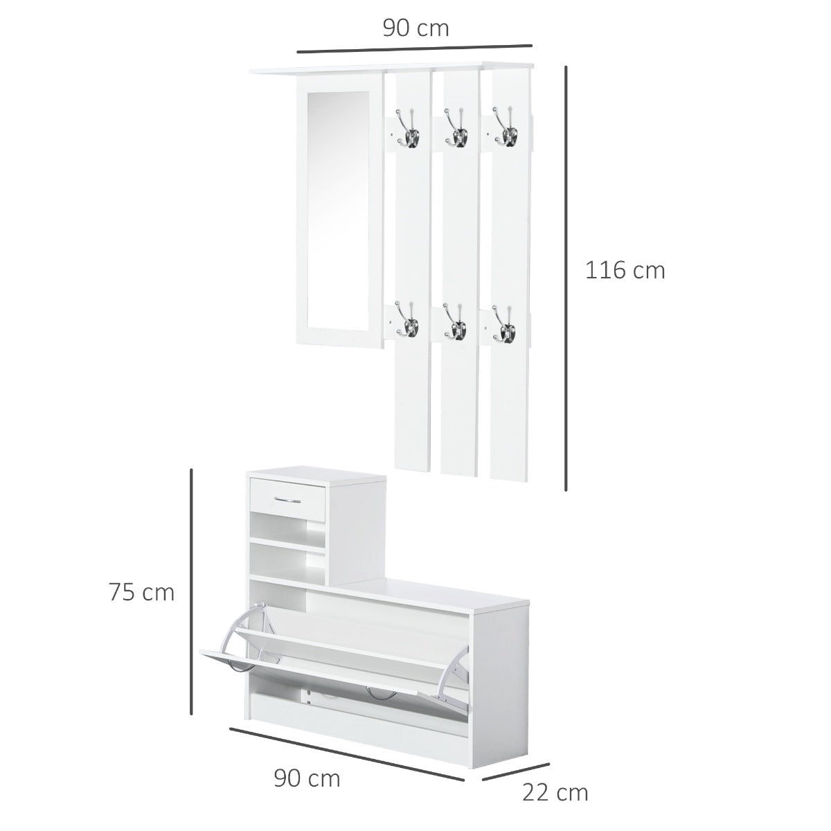 2-Piece Shoes Storage Chest Cloths Rack Unit Entryway Furniture Set Shoe Wardrobe W/Mirror Multiple Shelves-White