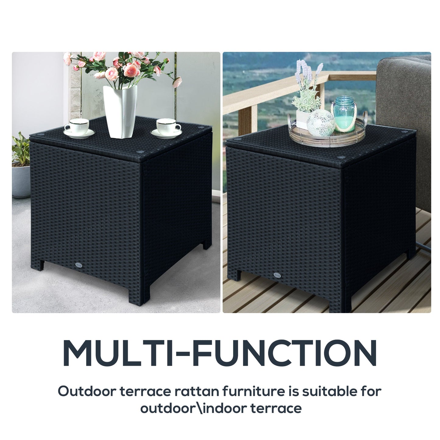 Outsunny Rattan Garden Furniture Side Table Patio Frame Tempered Glass New -Black