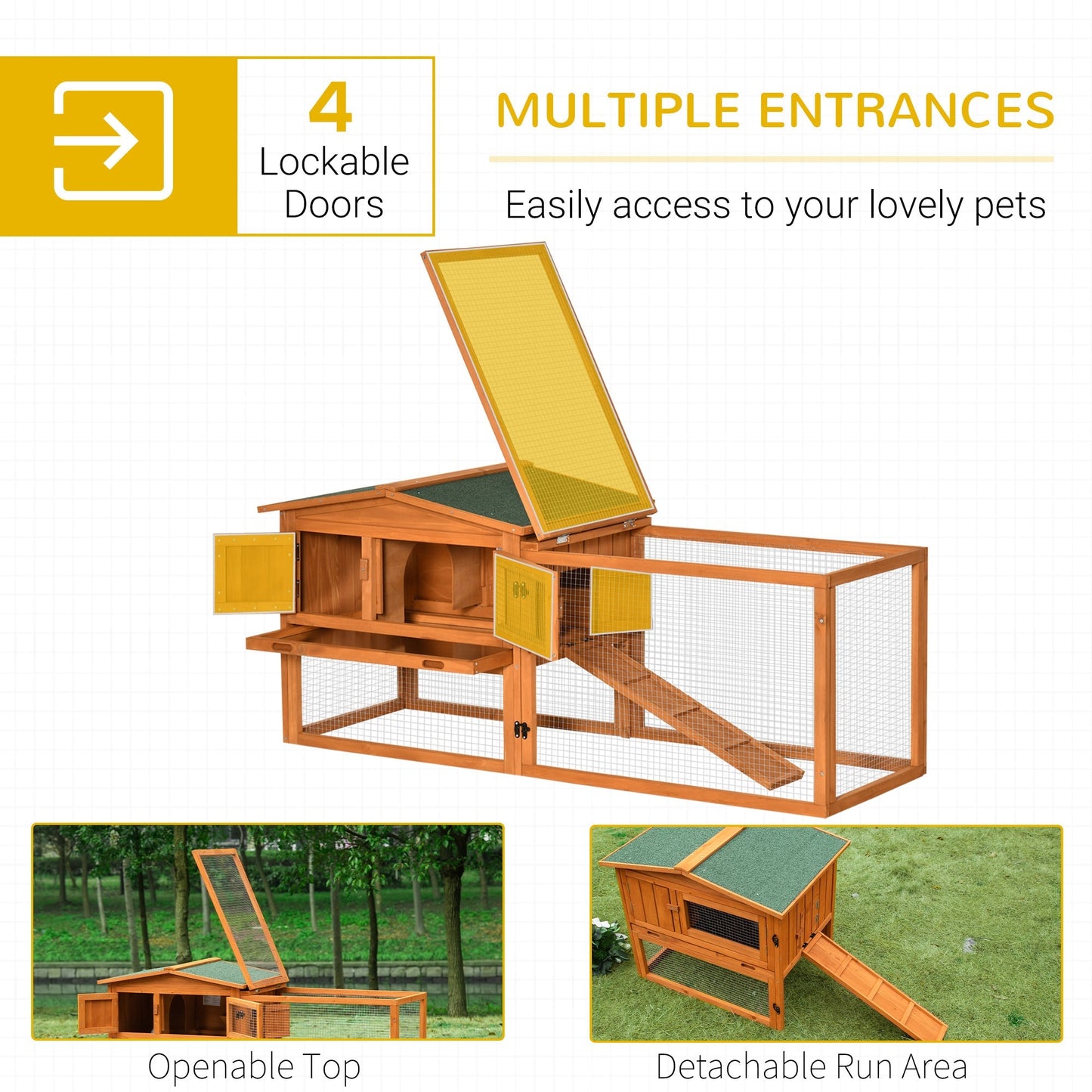 PawHut Rabbit Hutch and Run Outdoor Bunny Cage Wooden Guinea Pig Hide House with Sliding Tray