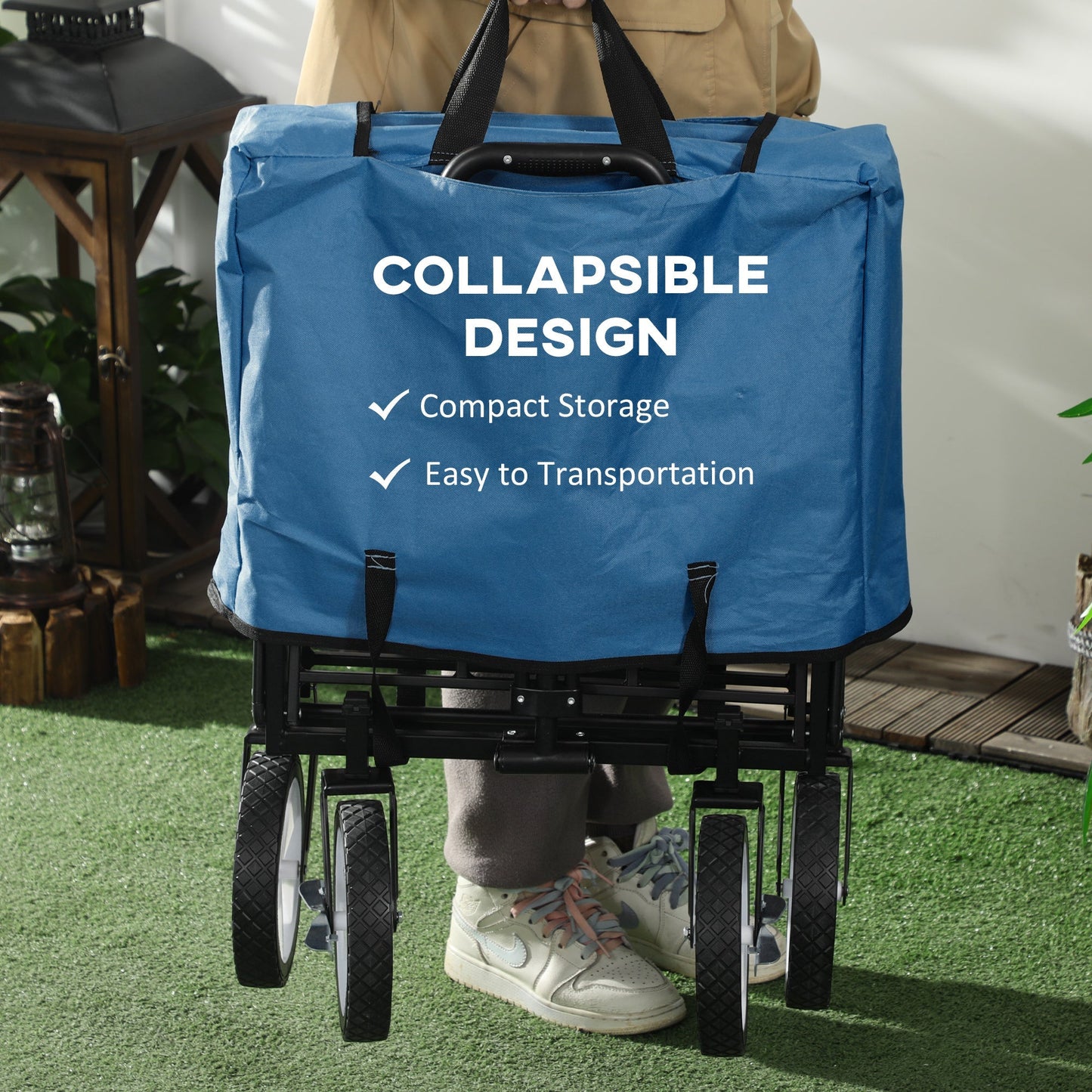 Pull Along Cart Folding Cargo Wagon Trailer Trolley for Beach Garden Use with Telescopic Handle - Navy Blue