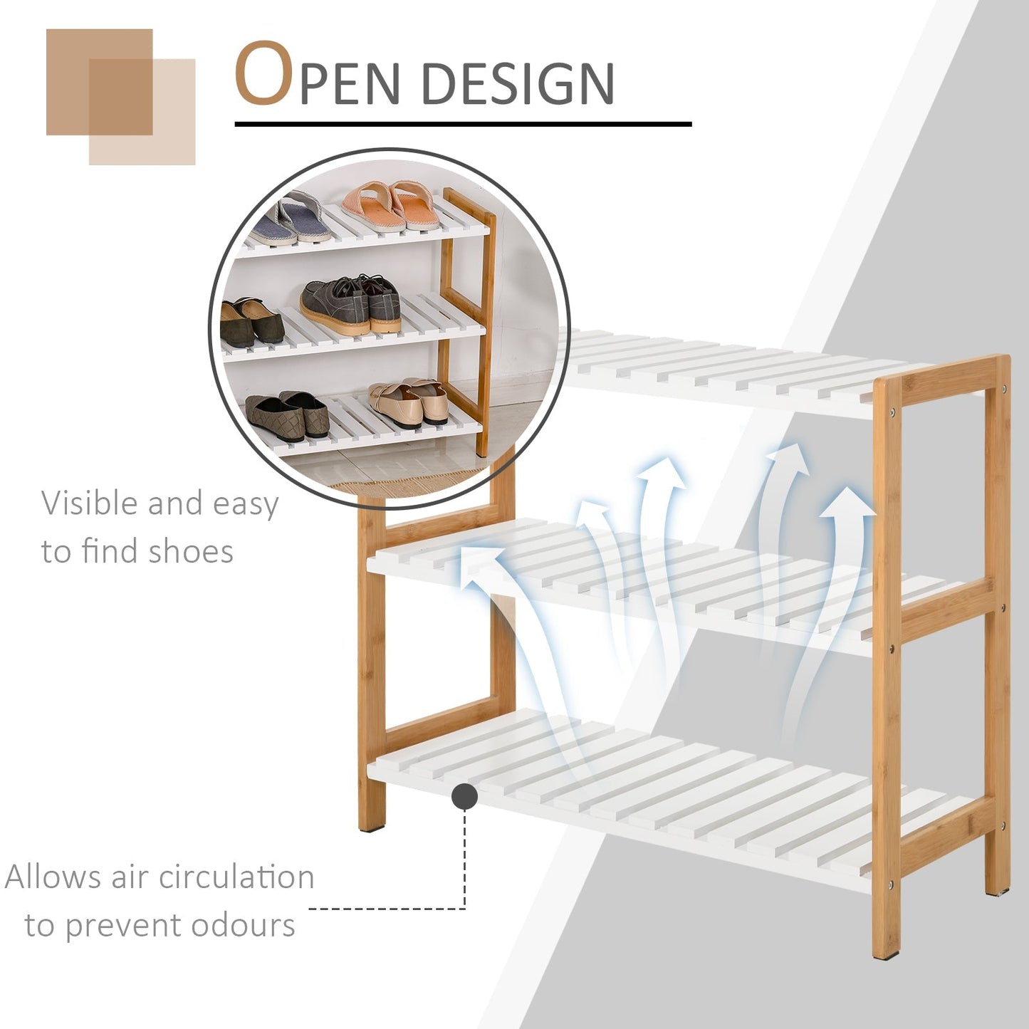 Homcom 3-Tier Shoe Rack Wood Frame Slatted Shelves Spacious Open Hygienic Storage Home Hallway Furniture Family Guests 70L x 26W x 57.5H cm - Natural