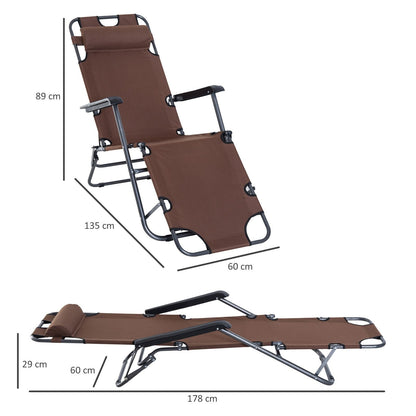 Outsunny 2 In 1 Sun Lounger Folding Reclining Chair Garden Outdoor Camping Adjustable Back With Pillow (Brown)