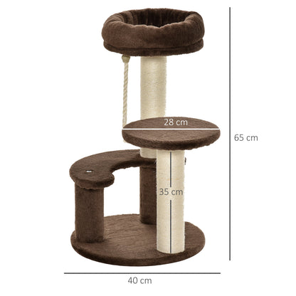 PawHut 65 cm Cat Tree for Indoor Cats Kitty Scratcher Kitten Activity Center Scratching Post Playhouse 2 Perch w/ Hanging Sisal Rope Brown