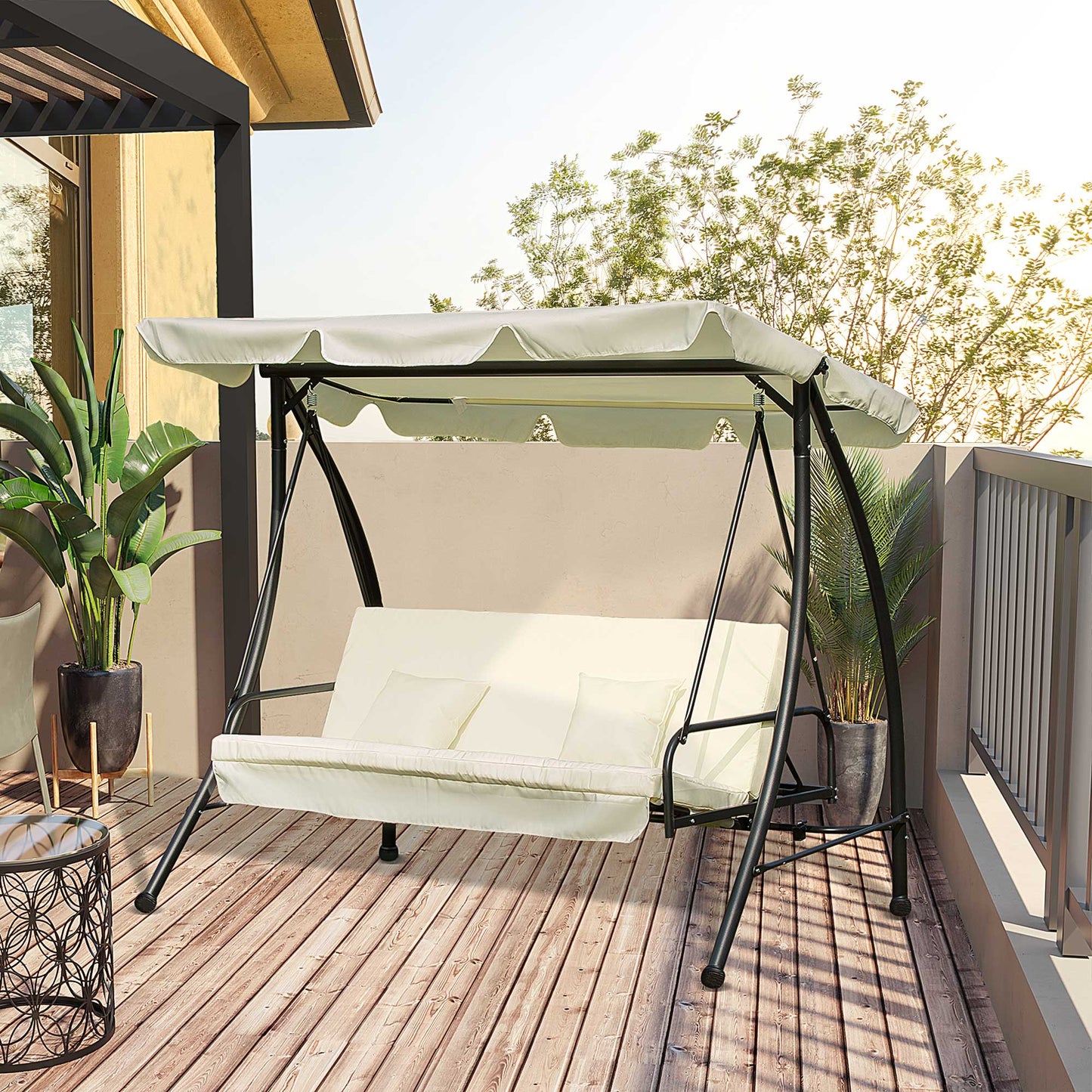 3 Seater Swing Chair 2-in-1 Hammock Bed Patio Garden Swing Seat Bed with Adjustable Canopy and Cushions