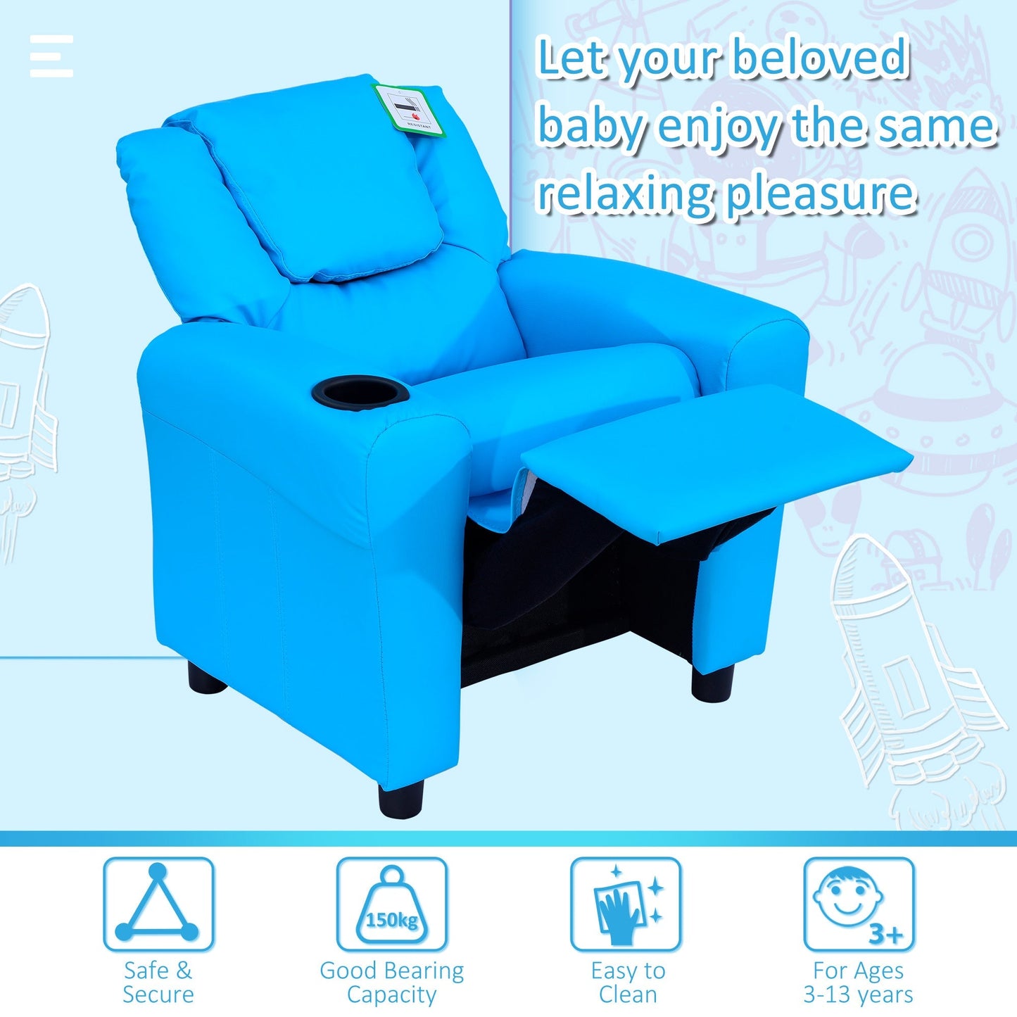 Kids Children Recliner Lounger Armchair Games Chair Sofa Seat PU Leather Look w/ Cup Holder Blue