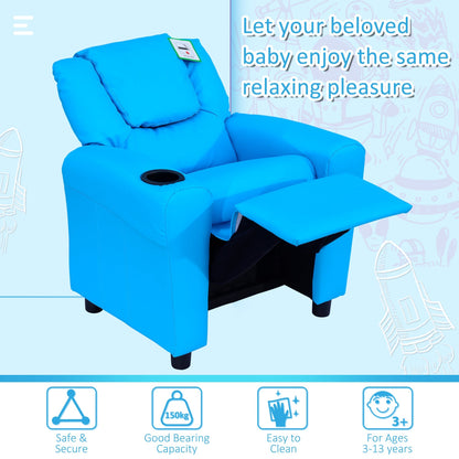 Kids Children Recliner Lounger Armchair Games Chair Sofa Seat PU Leather Look w/ Cup Holder Blue