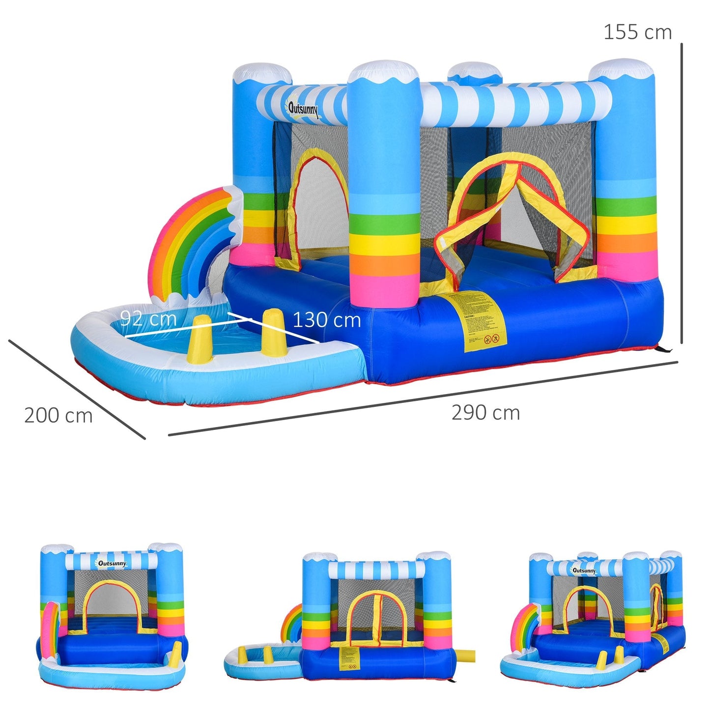 Kids Rainbow Bouncy Castle & Pool House Inflatable Trampoline w/ Blower Pump Outdoor Play Garden Activity Exercise Fun 3-8 Years 2.8 x 1.7 x 1.55m