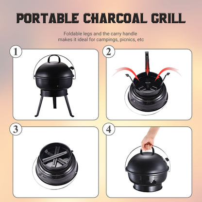 Metal Portable Tripod Charcoal BBQ Grill Black