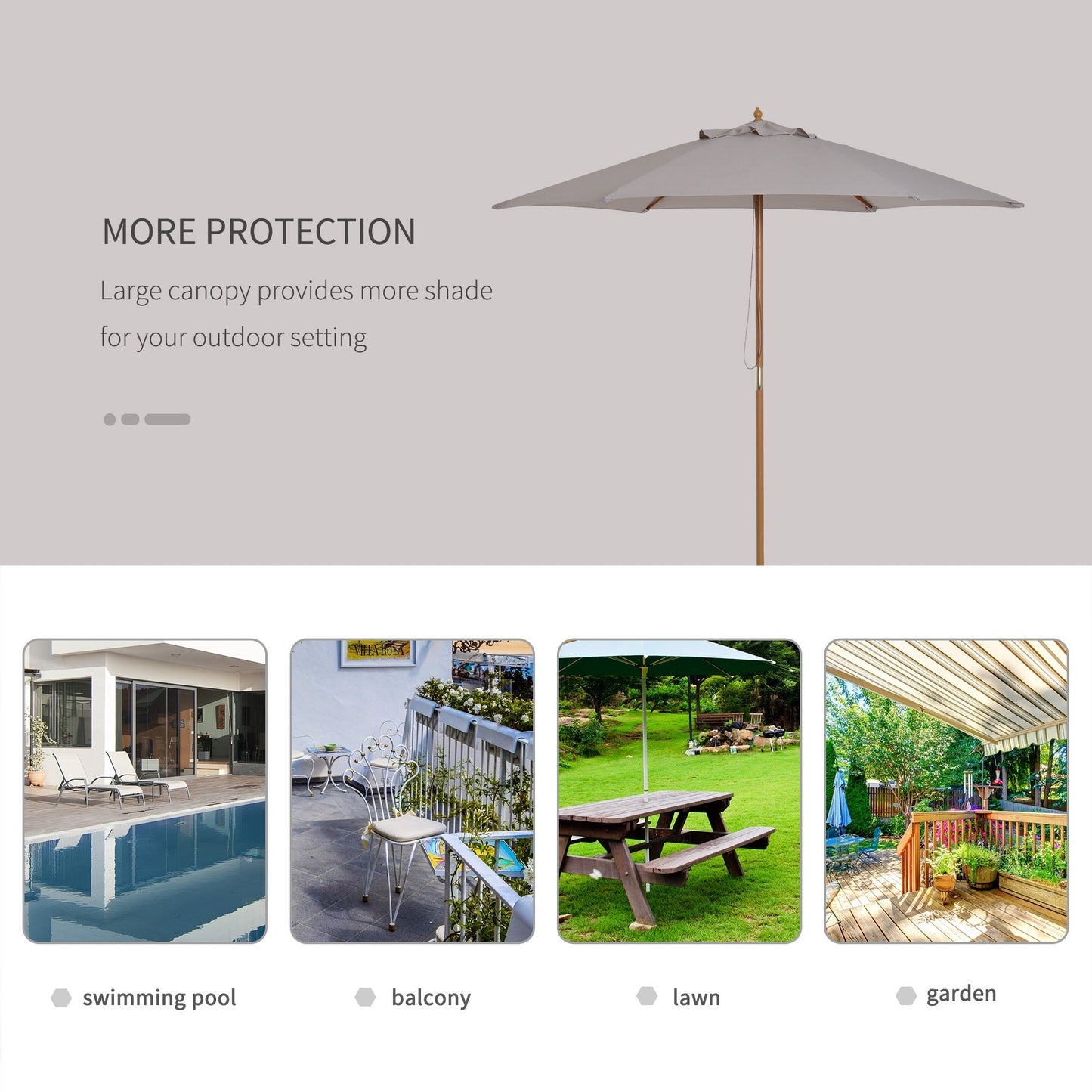 Outsunny 2.5M Wood Garden Parasol Sun Shade Patio Outdoor Wooden Umbrella Canopy Grey