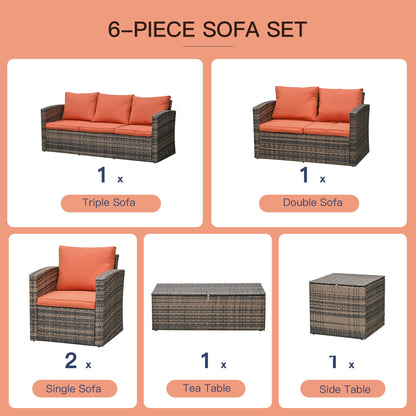 6-Piece Outdoor Rattan Wicker Sofa Set Sectional Patio Conversation Furniture Set w/ Storage Table & Cushion Mixed Brown