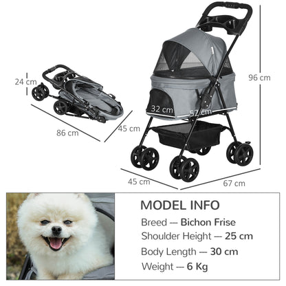 PawHut Dog Stroller Pet Cat Travel Pushchair One-Click Fold Trolley Jogger with EVA Wheels Brake Basket Adjustable Canopy Safety Leash for Small Dogs