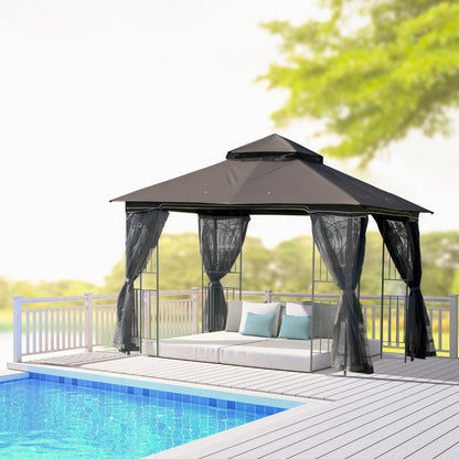 Outsunny 3 X 3M Metal Gazebo Garden Outdoor 2-Tier Roof Marquee Party Tent Canopy Pavillion Patio Shelter With Netting And Shelf Coffee