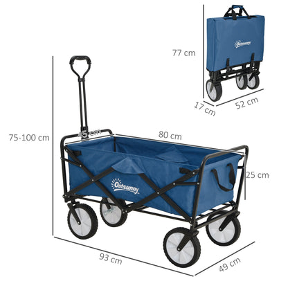 Pull Along Cart Folding Cargo Wagon Trailer Trolley for Beach Garden Use with Telescopic Handle - Navy Blue