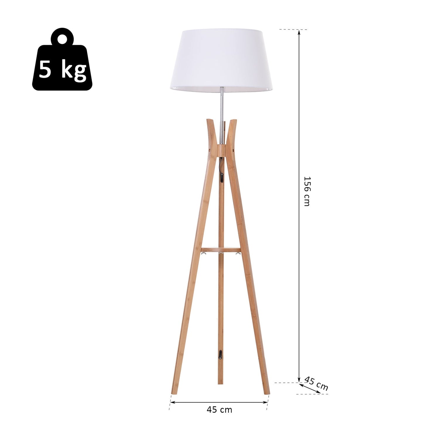 Homcom Natural Wooden Tripod Floor Lamp Light E27 Base Bedroom Living Room Fabric Shade Storage Shelf Foot Switch