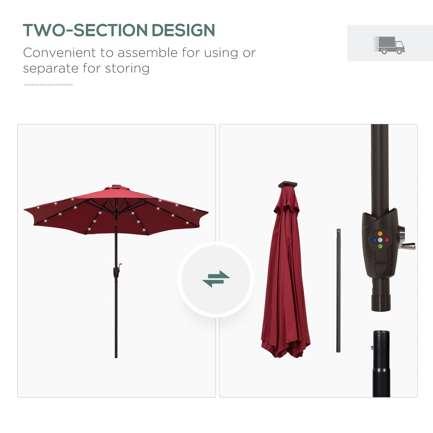 Outsunny Umbrella Parasol 24 Solar Led-Wine Red