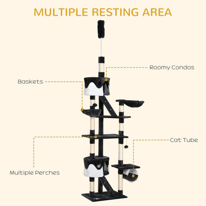 PawHut 60L x 45W x 240-260H cm Cat Tree Kitten Condo Fun House Adjustable Grey & White