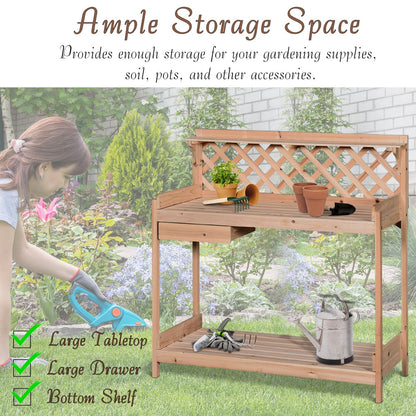 Fir Wood Outdoor Garden Potting Table w/ Drawer