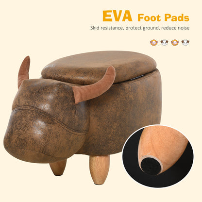 Animal footstool Buffalo Storage Stool Cute Kids Decoration Wood Frame Legs w/Padding Lid Ottoman Furniture Brown