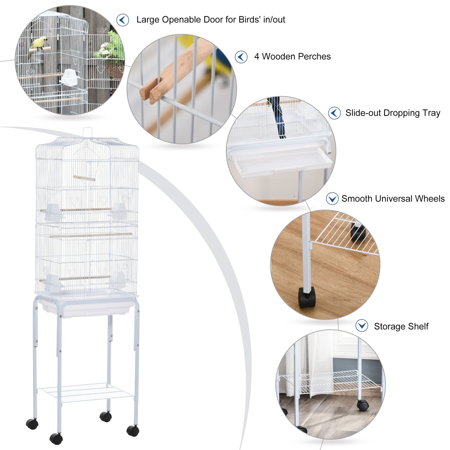 Grille 153cm Bird Cage Wheeled White by Pawhut