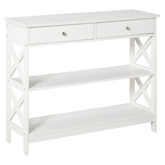 Console Table Side Desk w/ Shelves Drawers Open Top X Support Frame Living Room Hallway Home Office Furniture White