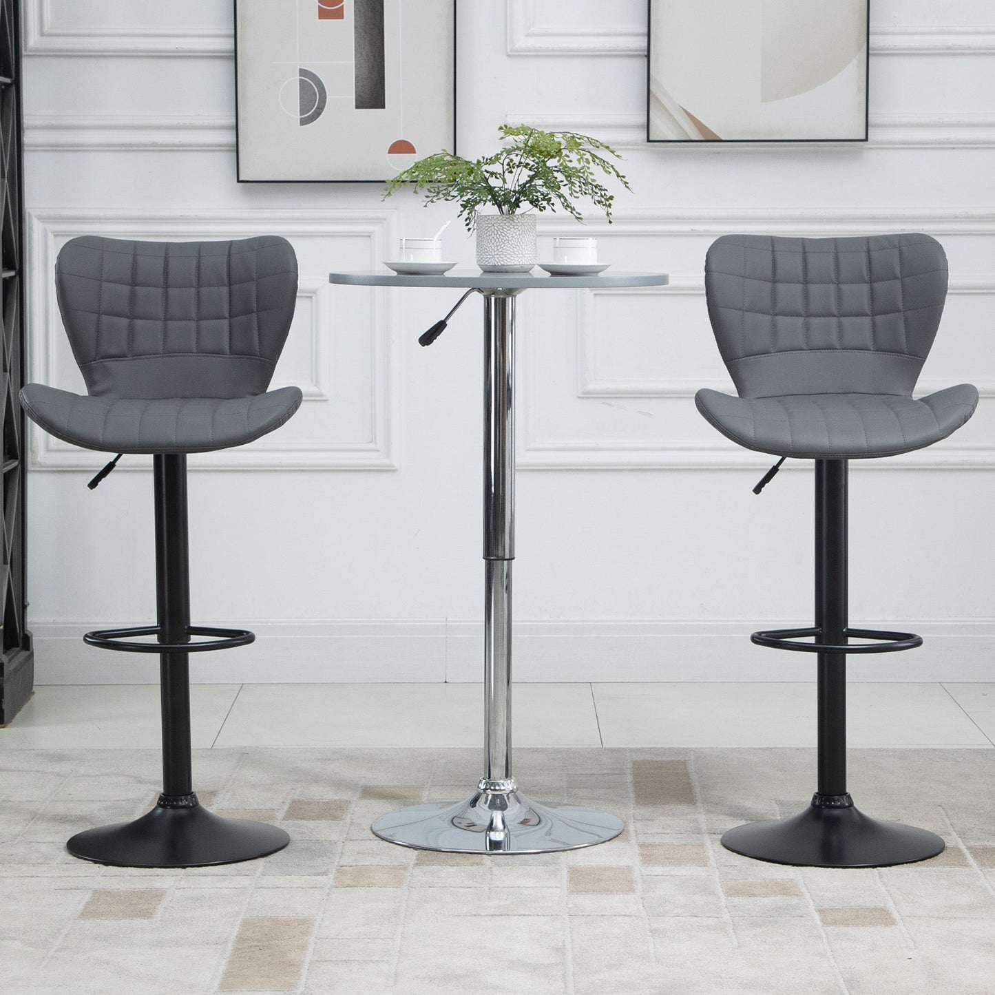 Bar Stools Set of 2 Adjustable Height Swivel Bar Chairs in PU Leather with Backrest & Footrest