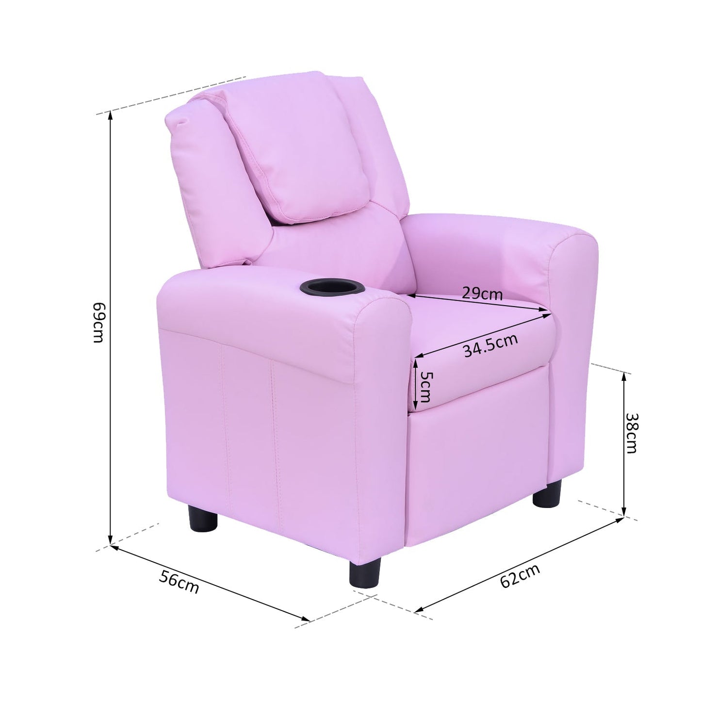 Kids Children Recliner Lounger Armchair Games Chair Sofa Seat PU Leather Look w/ Cup Holder Pink