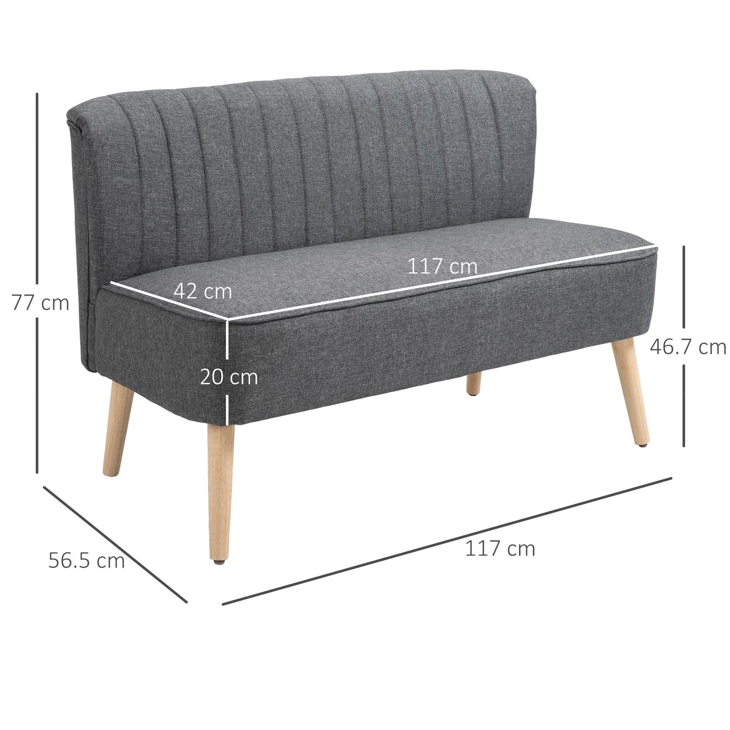 Modern Double Seat Sofa Loveseat Couch 2 Seater Compact Sofa Padded Linen Wood Leg Dark Grey