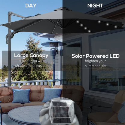 3M Cantilever Roma Parasol Patio Sun Umbrella with Crank & Tilt LED Solar Light Cross Base 360° Rotating Outdoor