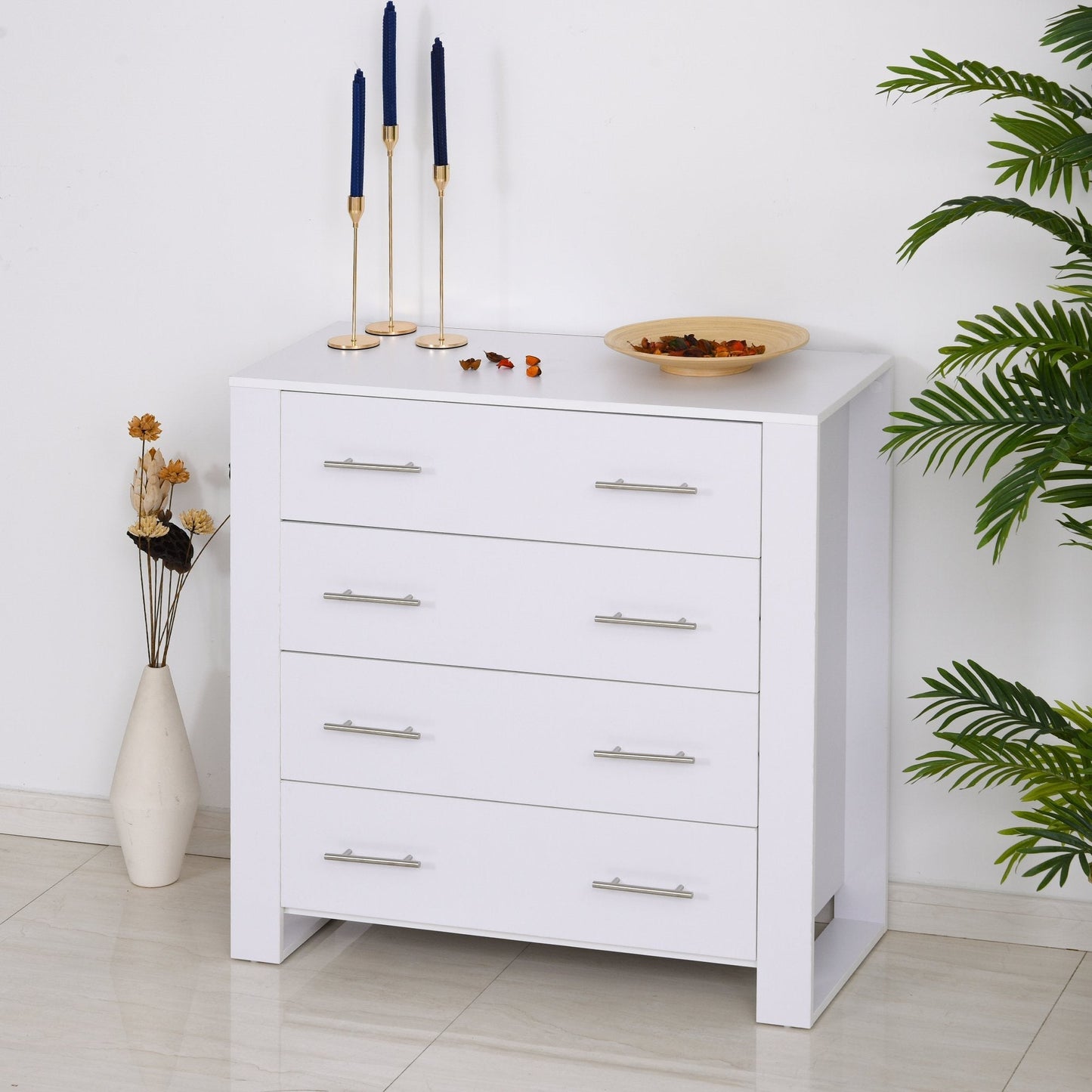 Chest Of 4 Drawers Storage Cabinet Bedroom Clothes w/Metal Handles Base Freestanding Unit Furnishing Living Room White