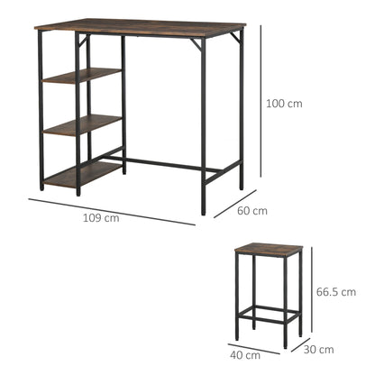 Dining Table Set Industrial Bar Height With 2 Stools & Side Shelf