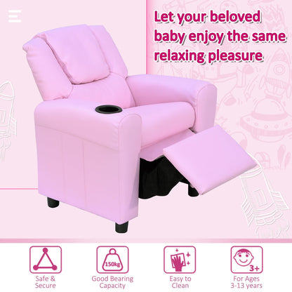 Kids Children Recliner Lounger Armchair Games Chair Sofa Seat PU Leather Look w/ Cup Holder Pink