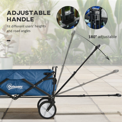 Pull Along Cart Folding Cargo Wagon Trailer Trolley for Beach Garden Use with Telescopic Handle - Navy Blue