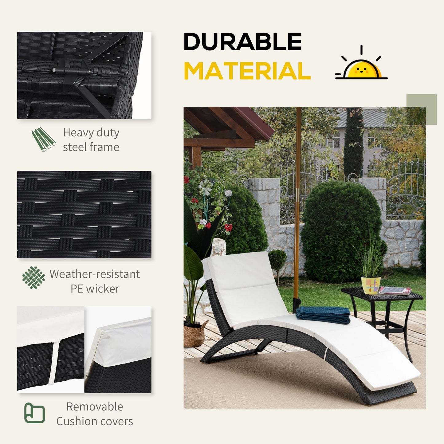 Outdoor Foldable PE Rattan Sun Lounger with Soft Padded Cushion