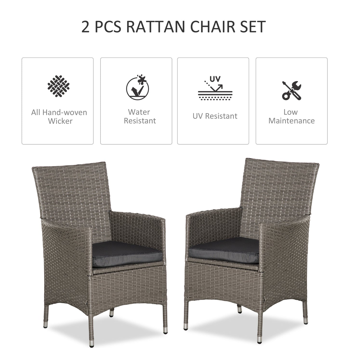 2 PC Outdoor Rattan Armchair Dining Chair Garden Patio Furniture w/ Armrests Cushions Grey