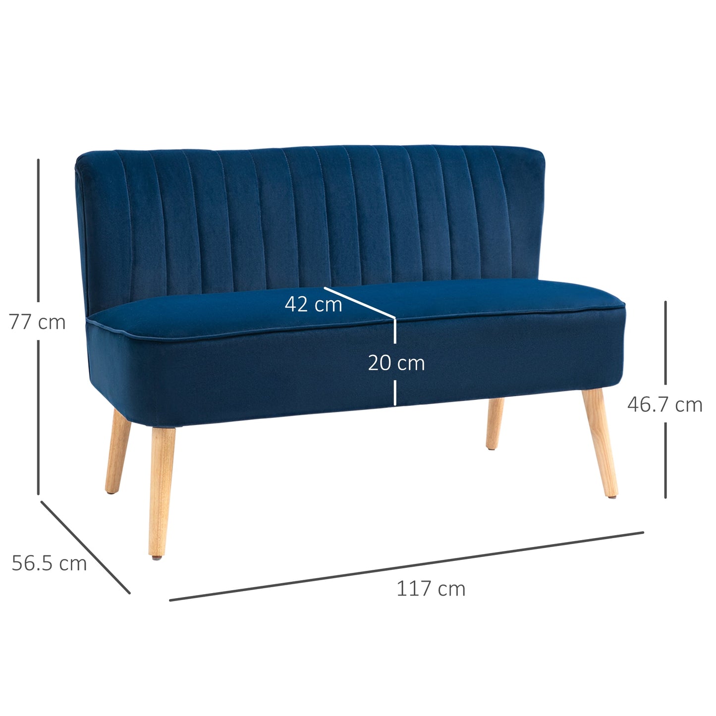 Modern Velvet Double Seat Sofa w/ Wood Frame Foam Padding High Back Soft Comfortable Compact Couch Blue