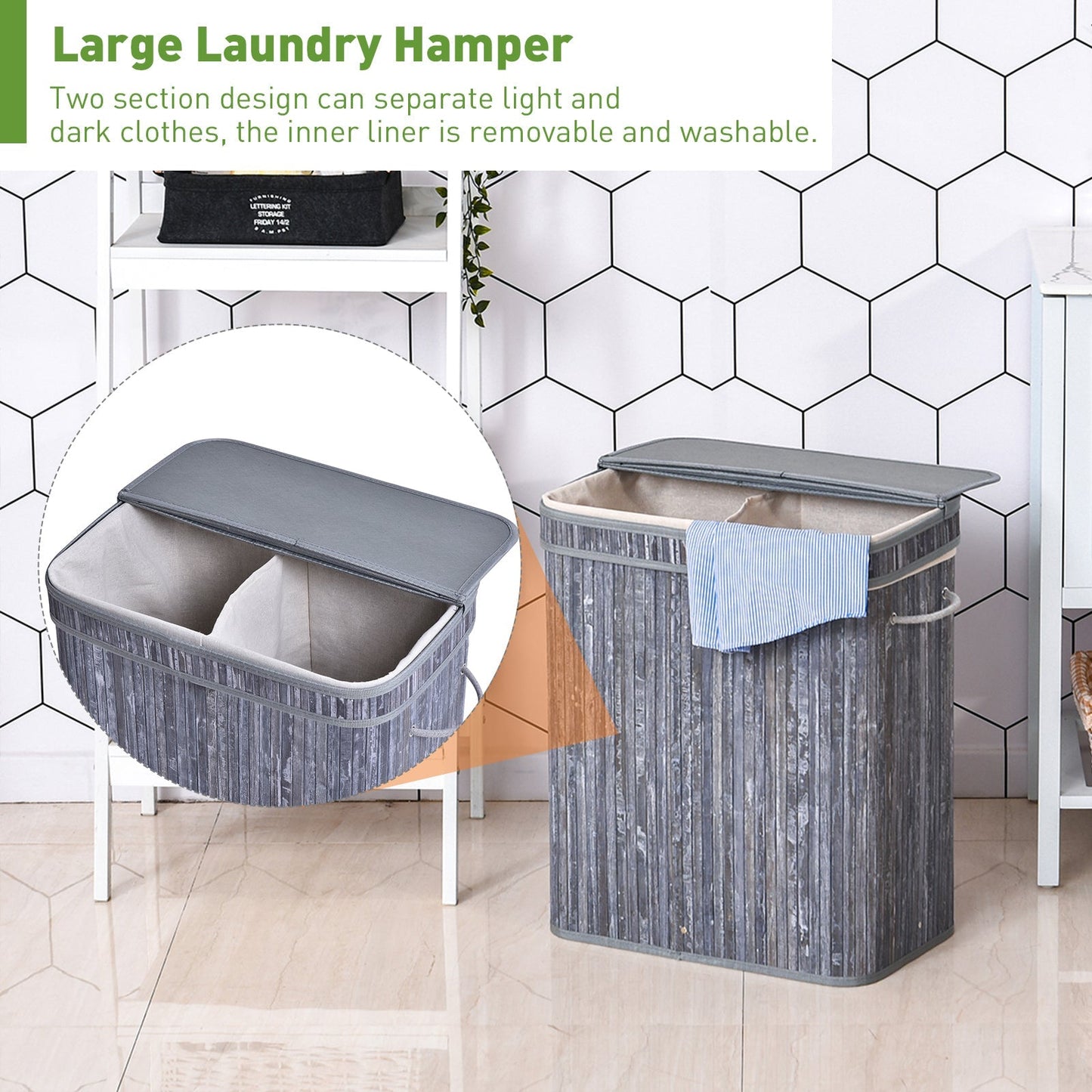 100L Two-Compartment Wooden Laundry Basket – Grey