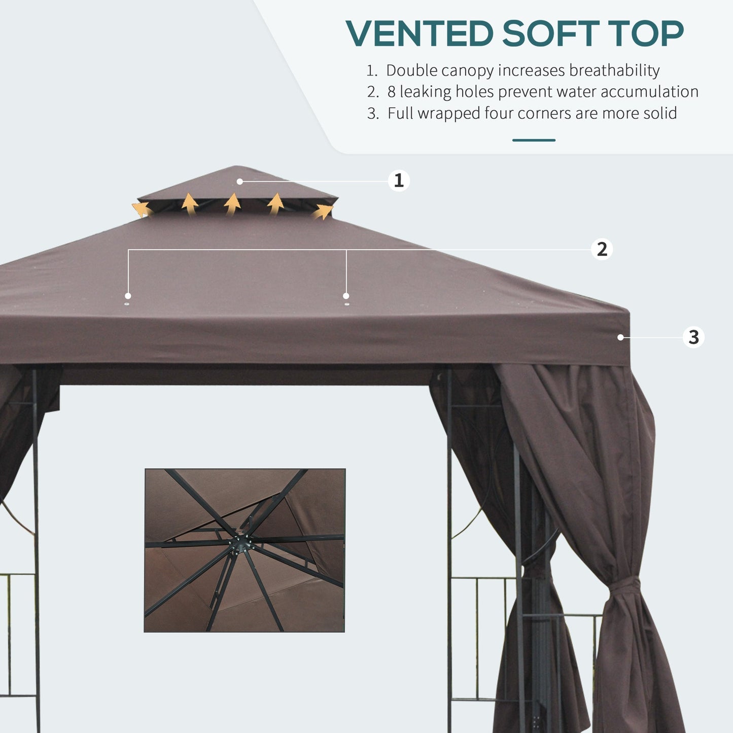 3 x 3 m Garden Metal Gazebo Marquee Patio Wedding Party Tent Canopy Shelter with Pavilion Sidewalls Brown