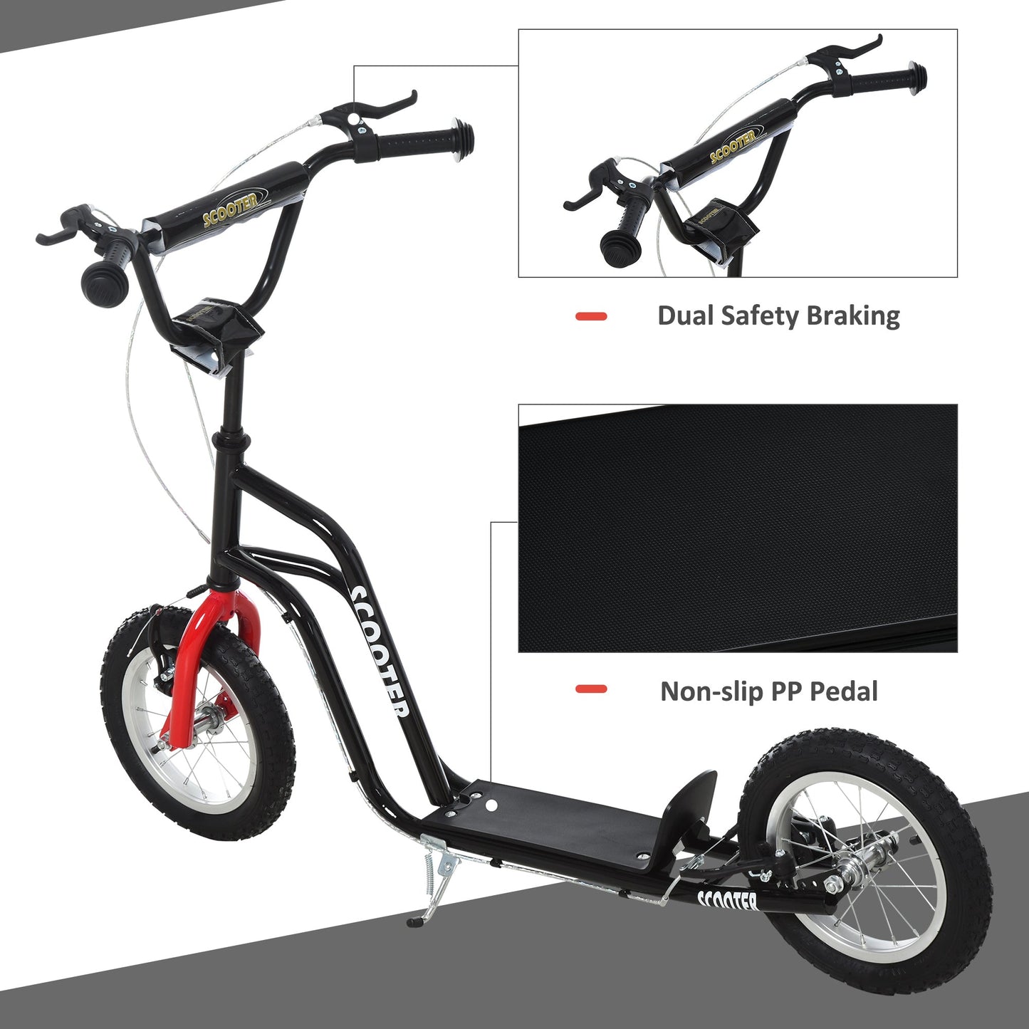 Teen Kids Stunt Scooter Children Kick Scooter Adjustable Handlebar 2 Brakes Ride On 12 Inch Rubber Tyres Black