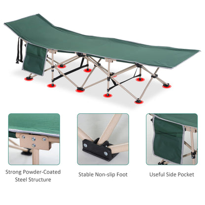 Outsunny Single Person Camping Bed Folding Cot Outdoor Patio Portable Military Sleeping Bed Travel Guest Leisure Fishing with Side Pocket and Carry Bag - Green