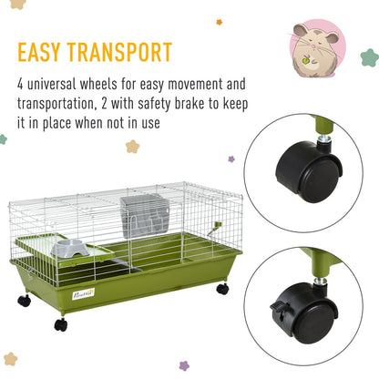 PawHut Small Animal Cage Rabbit Guinea Pigs Chinchillas Cage w/ Wheels Water Bottle Food Dish Platform Ramp 89 x 44 x 43 cm Green