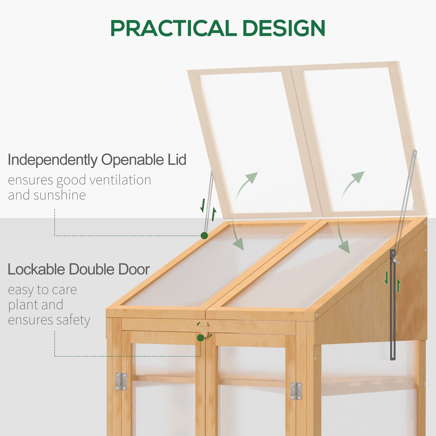 Wooden Cold Frame Polycarbonate Greenhouse with Openable Top Cover and Double Door