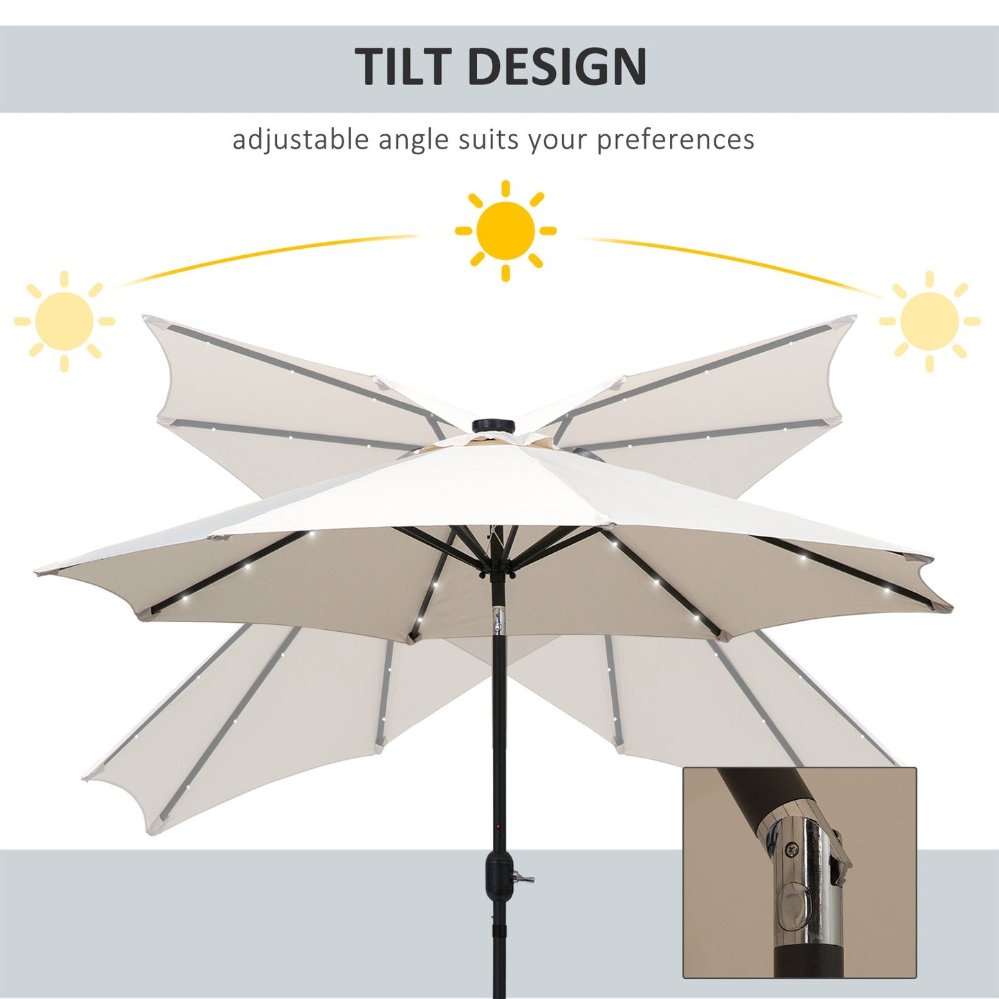 2.67m Patio Garden Umbrella Outdoor Parasol with Tilt Crank and 24 LEDs Lights Cream